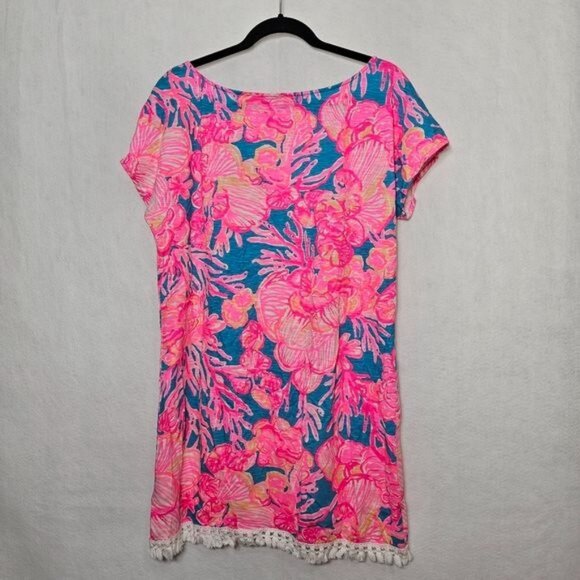 Lilly Pulitzer Neon Pink Coral Floral Print Fringe Hem Mini T-Shirt Dress Small - Picture 2 of 6